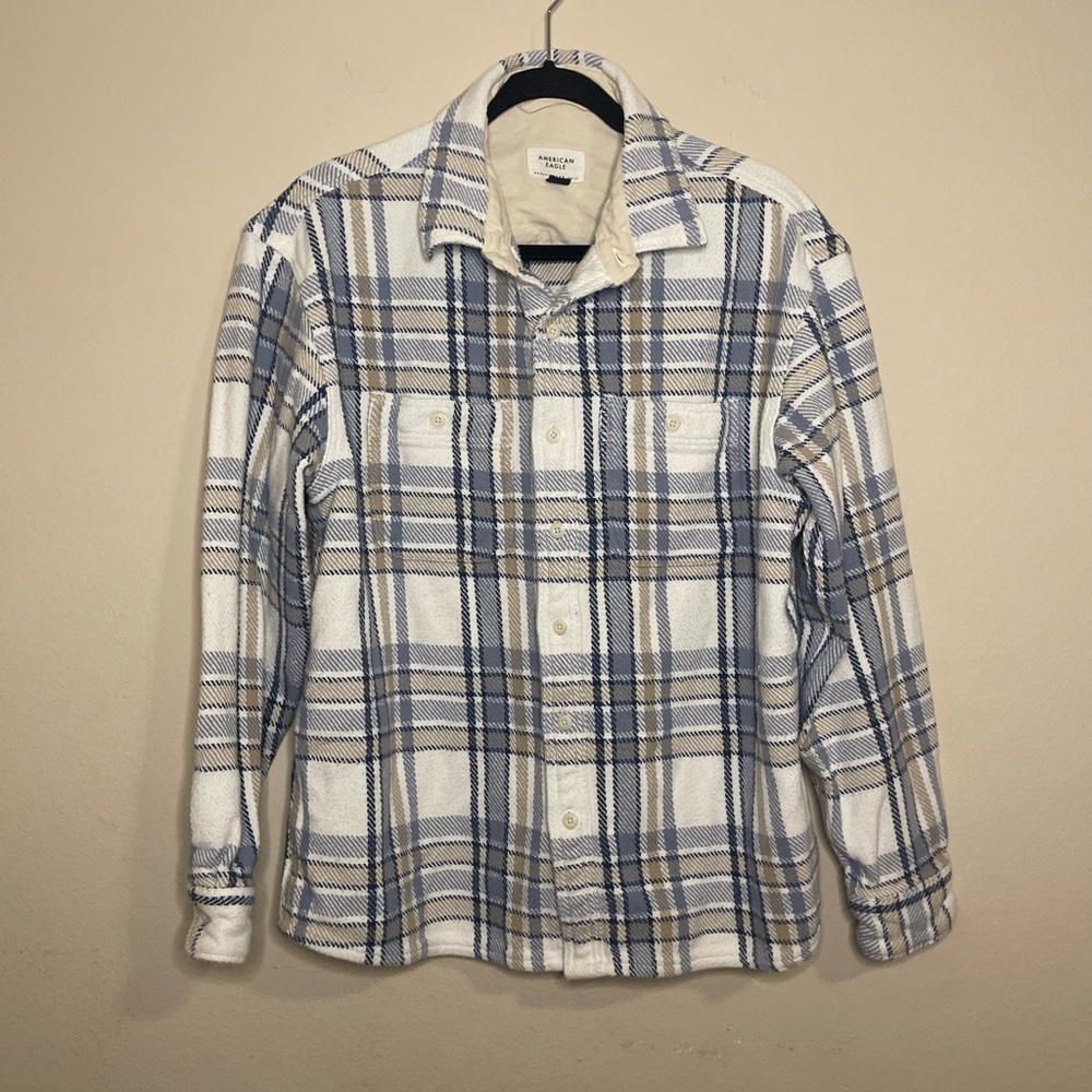 American Eagle Shirt Jacket Plaid Button Up Flannel Blue and Tan